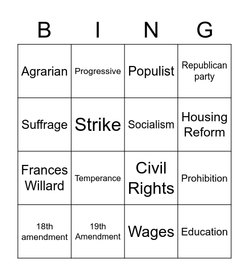 Progressive Era Bingo Card