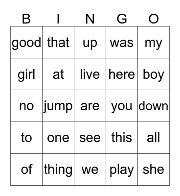 Word List 2 Bingo Card