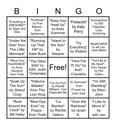 Summer Music Bingo!! Bingo Card