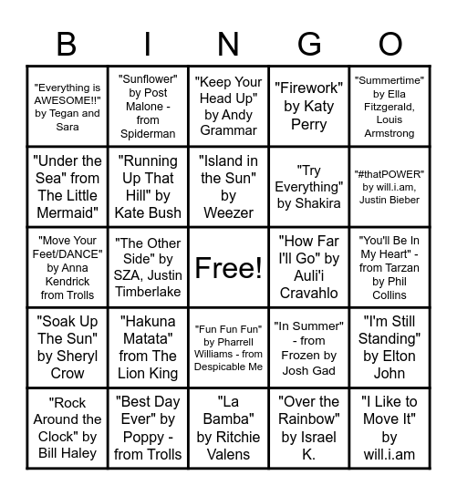 Summer Music Bingo!! Bingo Card