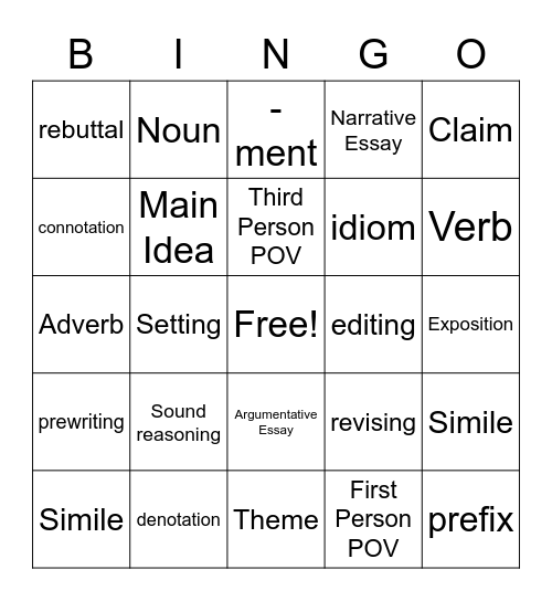 Middle School ELA Bingo Card