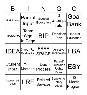 IEP Bingo Card