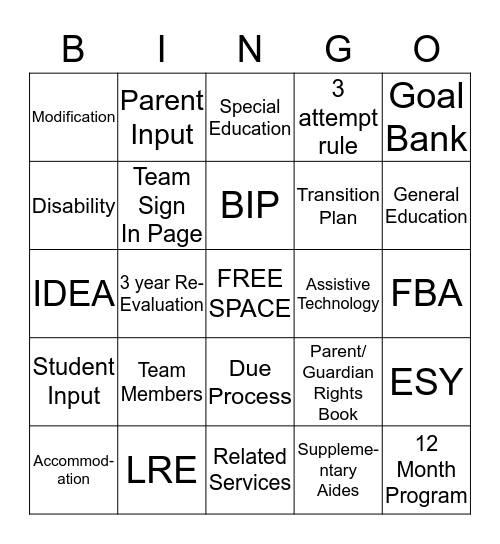 IEP Bingo Card