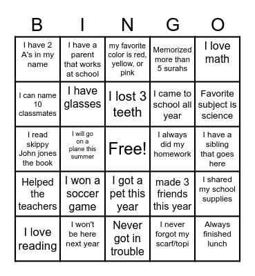 School bingo Card