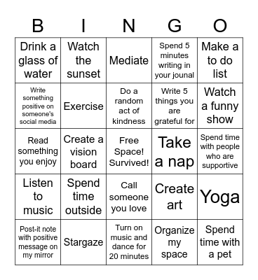 Self Care BINGO Card