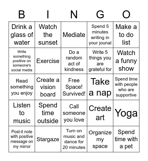 Self Care BINGO Card