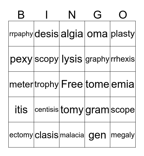 Suffix Bingo Card