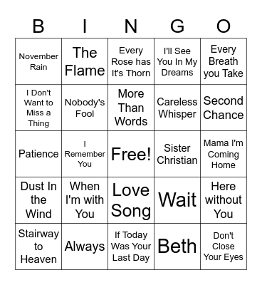 Rock Ballads Bingo Card