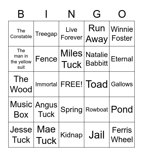 Tuck Everlasting Bingo Card