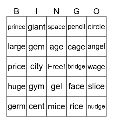 Soft C and G Bingo Card