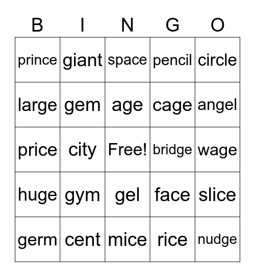 Soft C and G Bingo Card