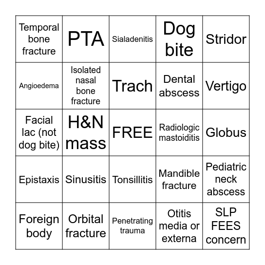 ENT Consult Bingo Card