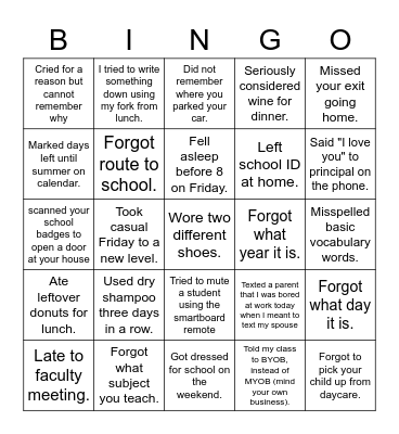 Tired Teacher Bingo Card