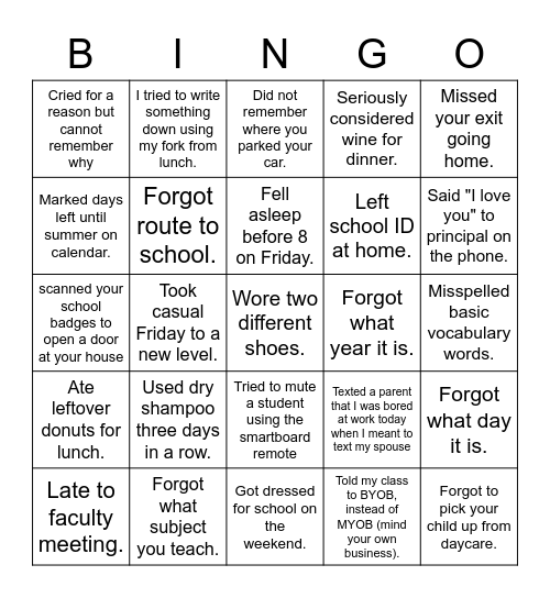 Tired Teacher Bingo Card