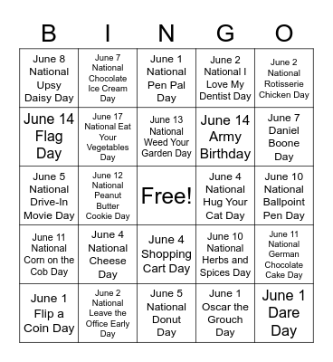 June Days to Celebrate Bingo Card