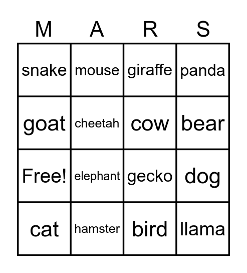 MARS 101 Bingo Card