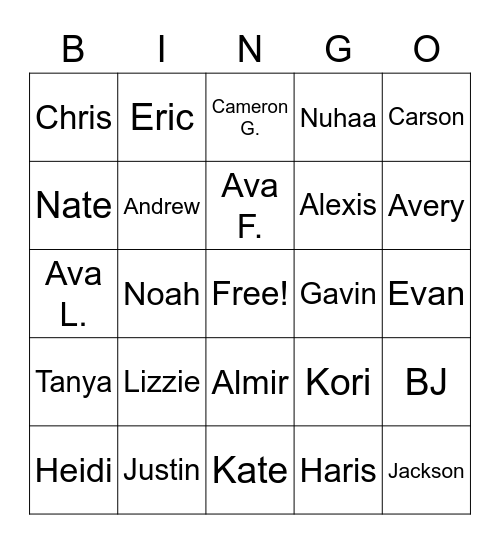 2nd Period Bingo Card