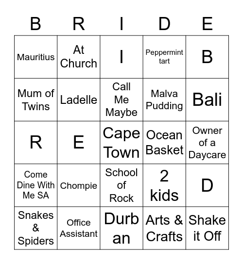 Cheneide's Bridal Bingo!!! Bingo Card