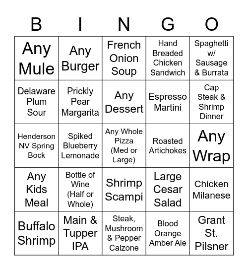 Menu BINGO 5/19 - 5/21 Bingo Card