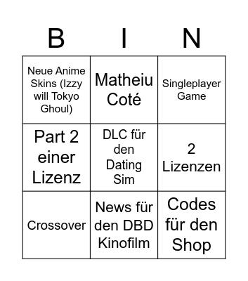 DBD Bingo Karte Bingo Card