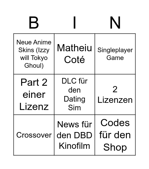 DBD Bingo Karte Bingo Card