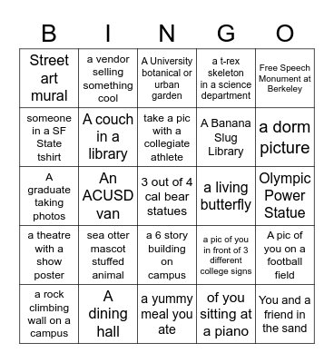 College Trip Bingo- Take a Picture Bingo Card