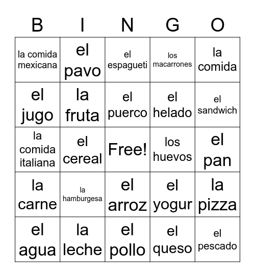 Comidas y Bebidas Bingo Card