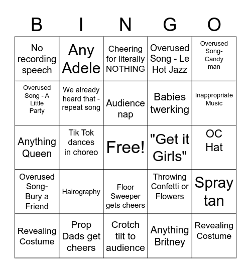 Dance Comp Bingo Card
