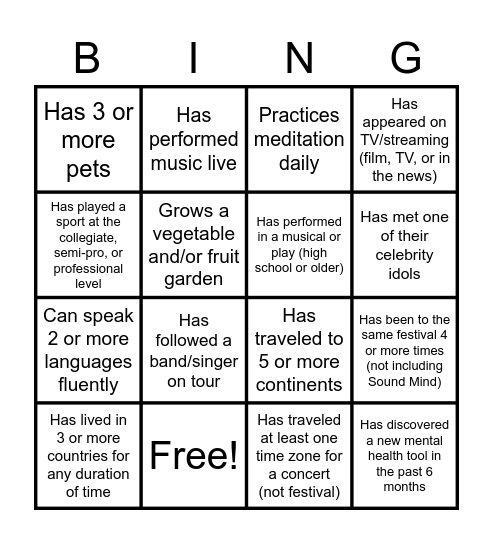 Sound Mind Live Board Bingo Card