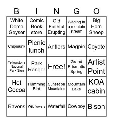 Yellowstone Road Trip Bingo Card