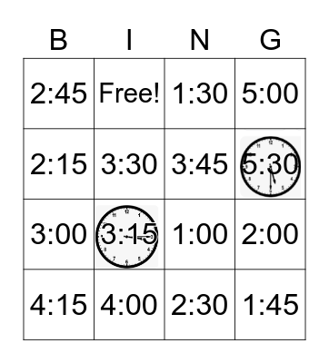 Time Quarter Hours Bingo Card