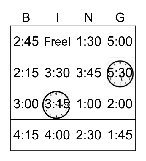 Time Quarter Hours Bingo Card