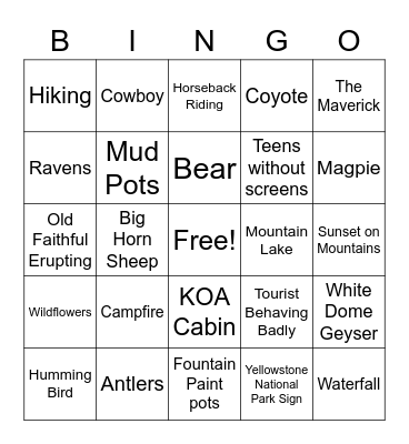 Yellowstone Road Trip Bingo Card