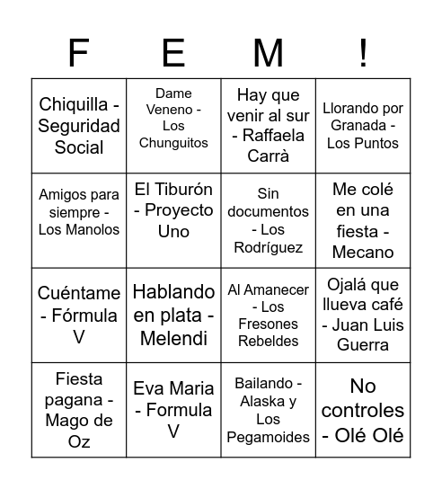 Bingo FEM Musical Bingo Card