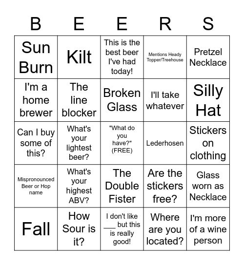 Beer Festival Bingo Card