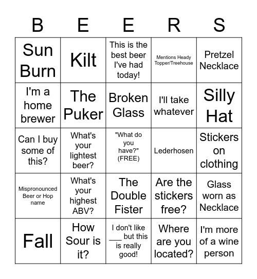 Beer Festival Bingo Card