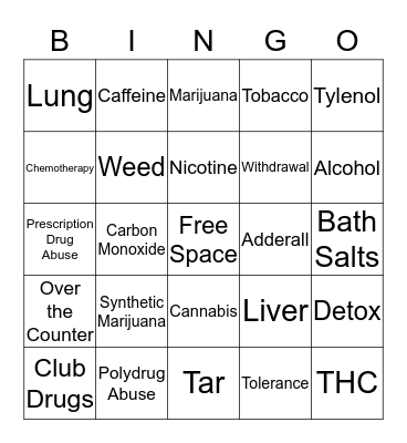 Drug Education Bingo Card