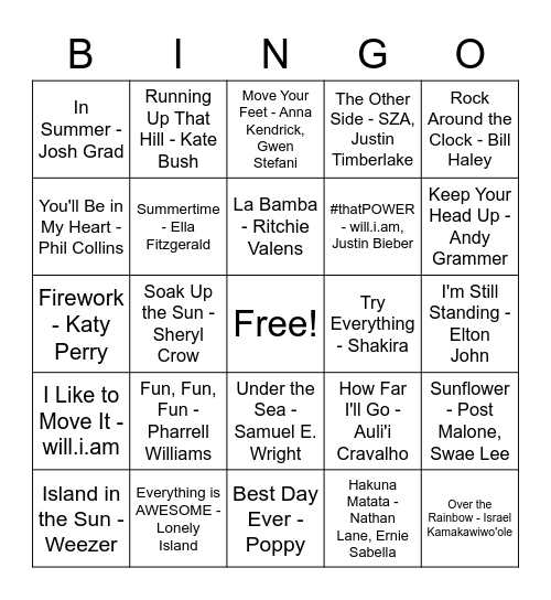 End of the Year Music Bingo Card