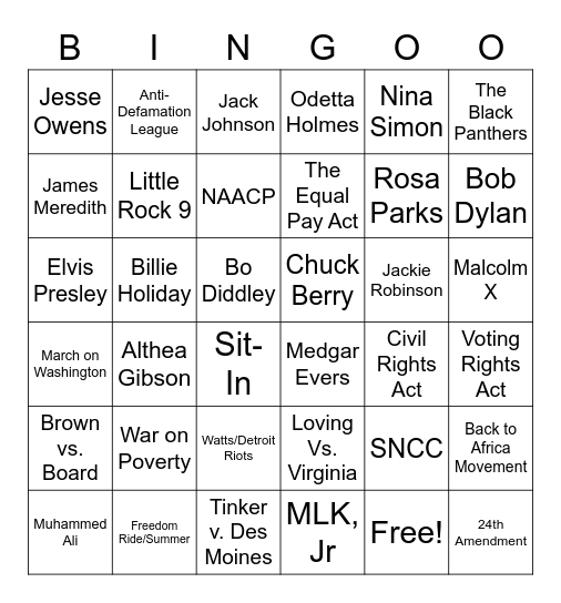 Civil Rights Bingo Card