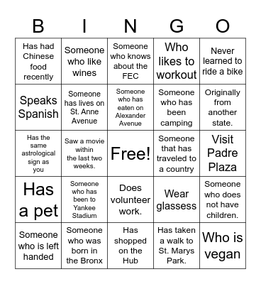 The Bronx HYPE BINGO Card