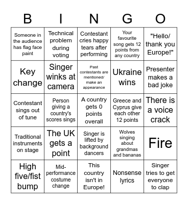 Eurovision 2022 Bingo Card