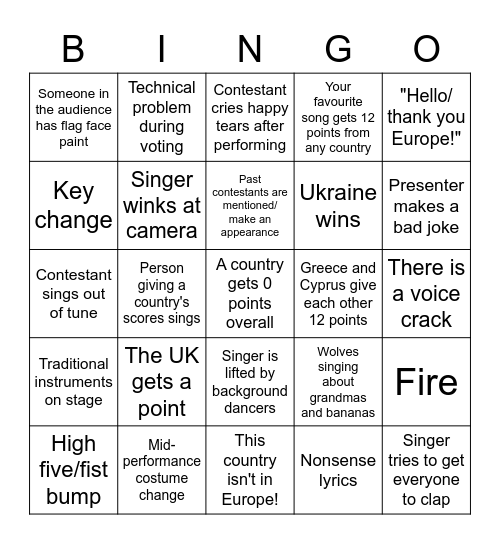 Eurovision 2022 Bingo Card