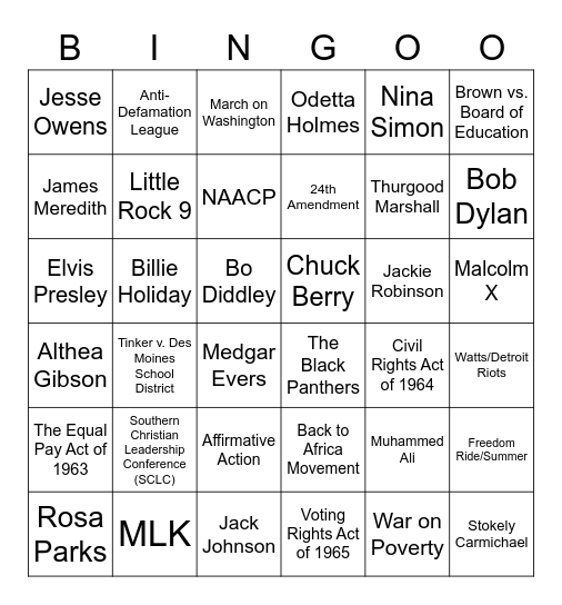 Civil Rights Bingo Card