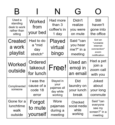 Working from Home Bingo Card