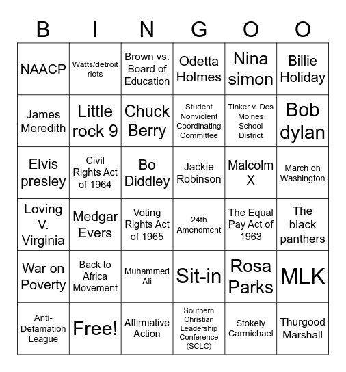 Civil Rights Bingo Card