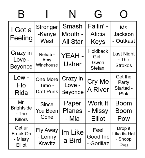 2000s Hits! Bingo Card