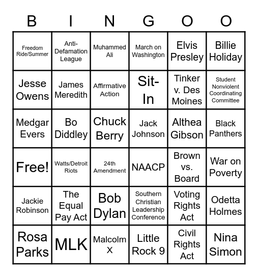 Civil Rights Bingo Card