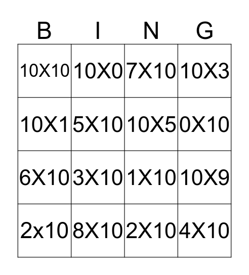 Multiplication bingo Card