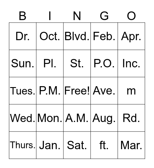 Abbreviation Bingo Card