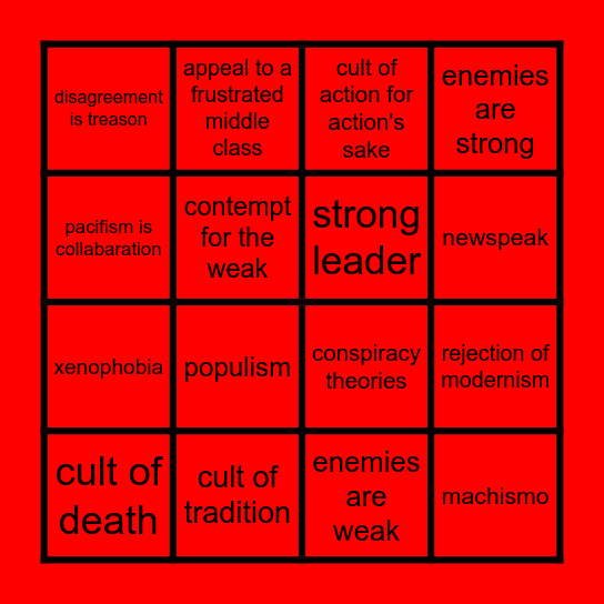 F A S C I S M  B I N G O  (by Umberto Eco) Bingo Card